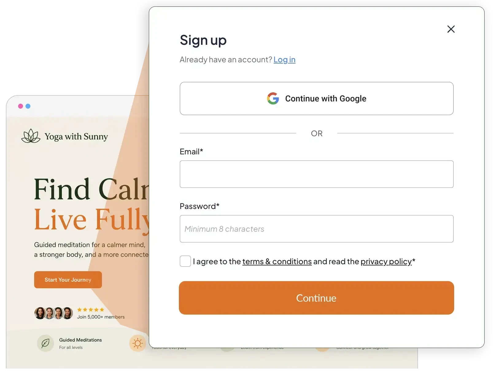 Member sign-up with Google on a yoga website, part of switching from Kajabi to MemberSpace