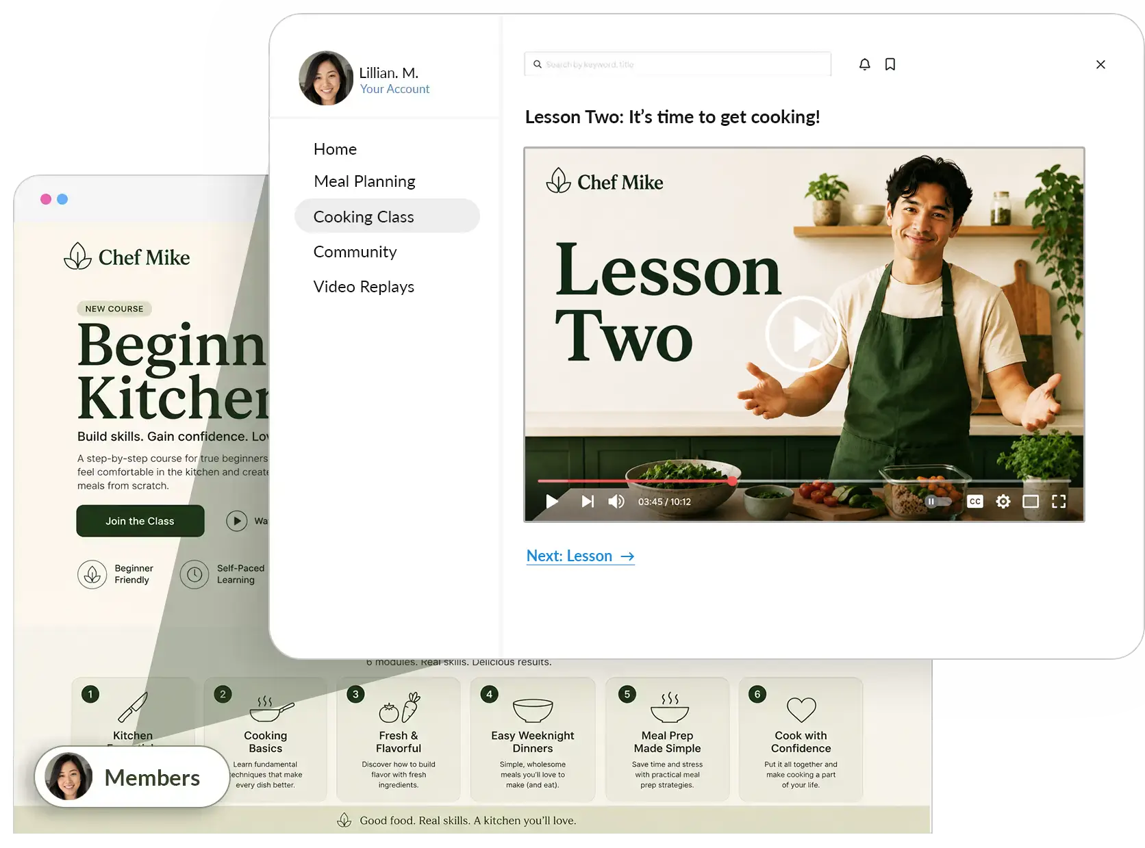 Online cooking course lesson on a creator's website, a Patreon alternative feature