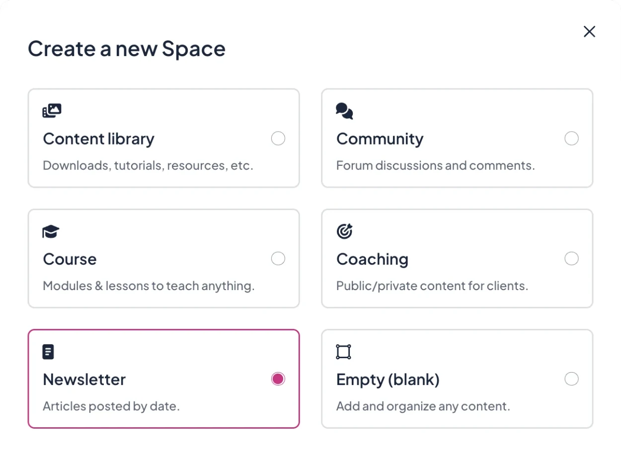 Creating a Newsletter Space in MemberSpace: articles posted by date, with a choice of which plans grant access