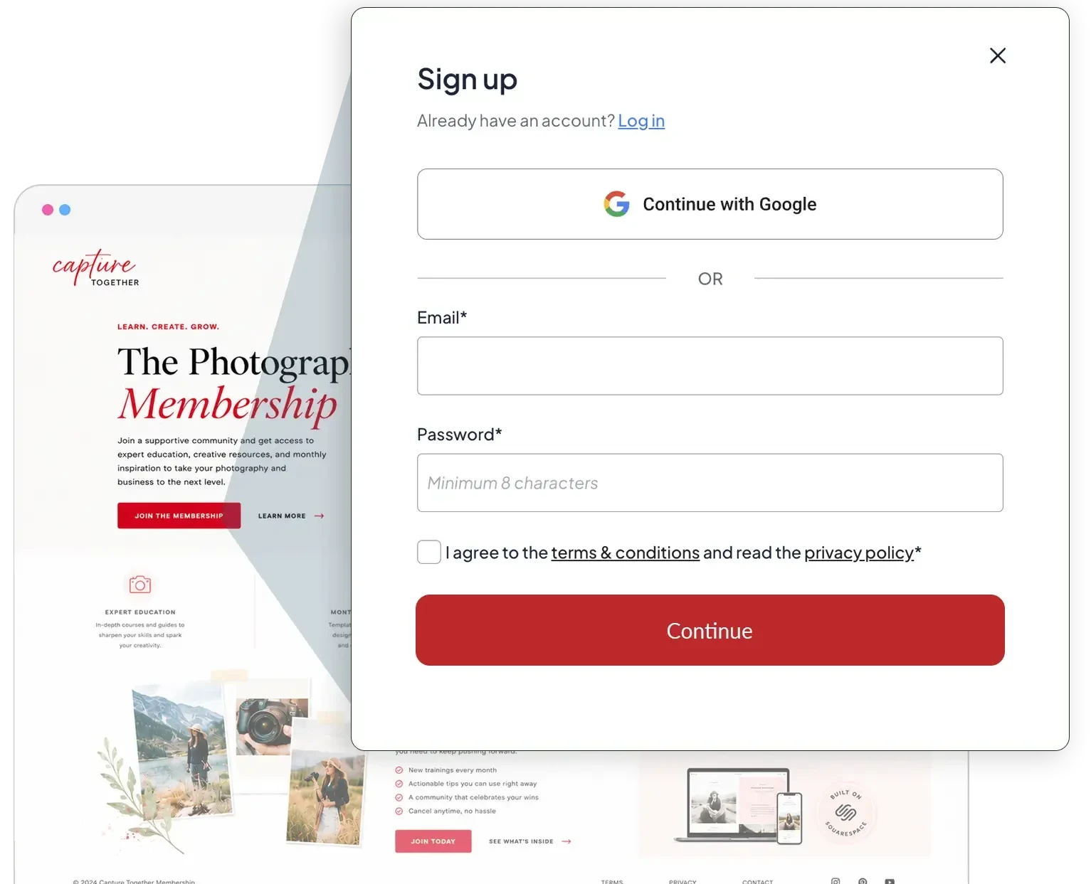 Sign-up form with Continue with Google, opened on a photography membership website built on Squarespace