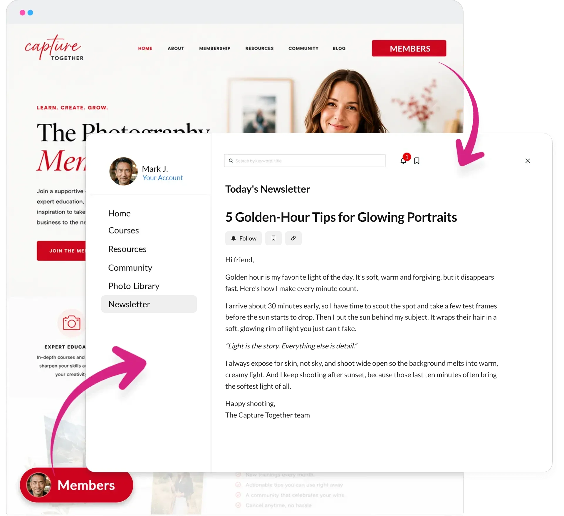 Today's Newsletter open in a members-only Newsletter Space on a photography website, built with a paid newsletter platform that runs on your own site
