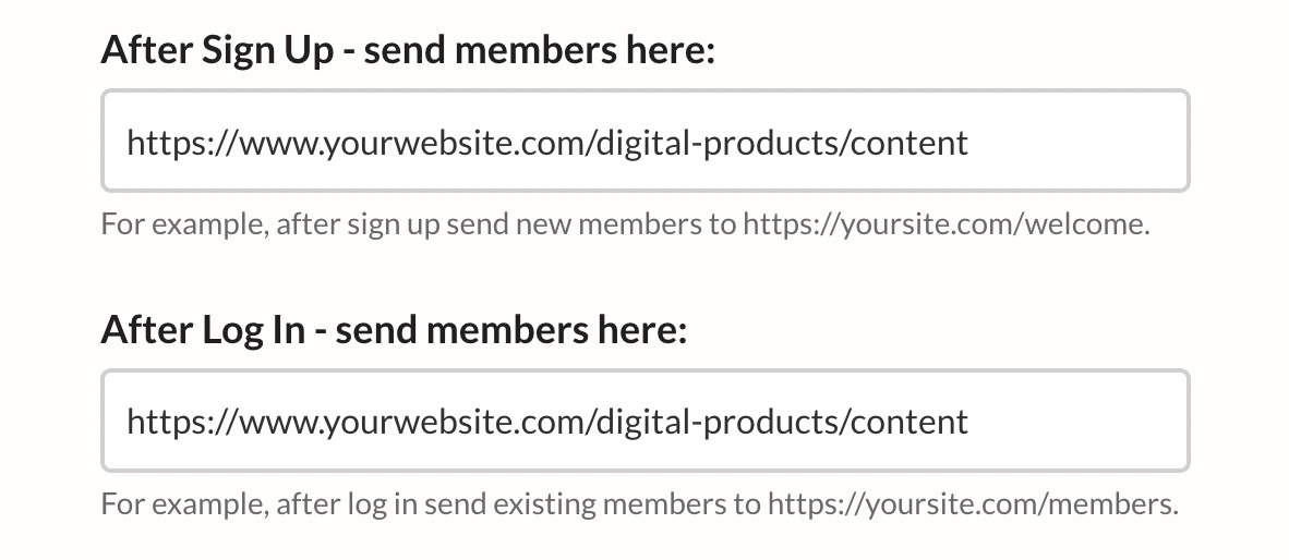 Redirect members to digital products page after login and signup