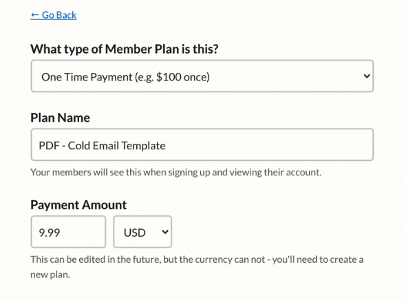 Name the plan and set the price and frequency for digital products