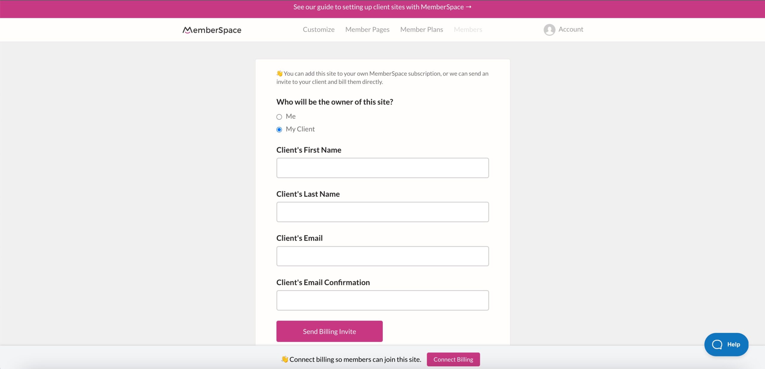 invite your client to set up billing for the membership site