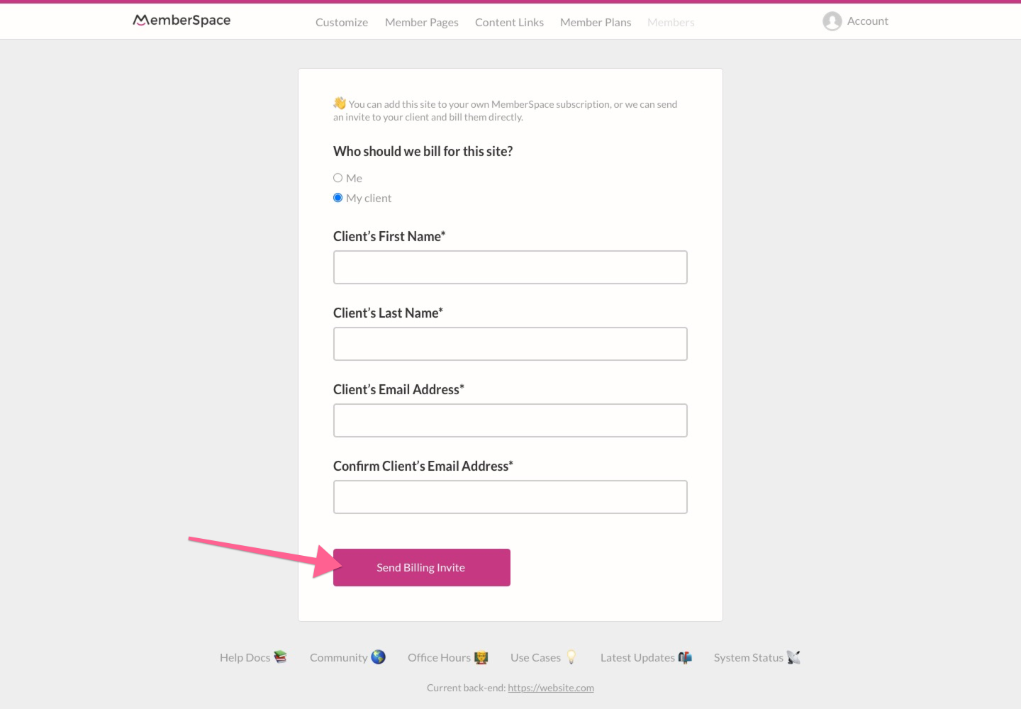 invite clients to connect billing on Duda sites