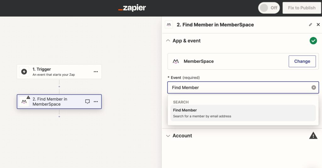 Find a member via their email within a Zapier zap and connect to other platforms