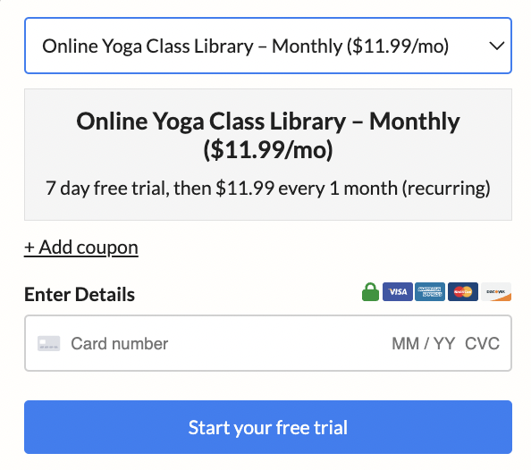 yoga class credit card form