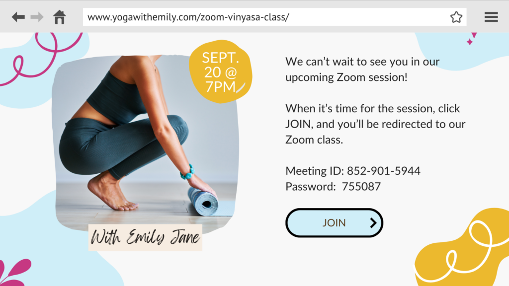 Zoom yoga join class page