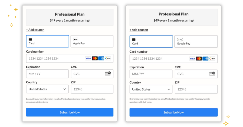 Apple Pay and Google Pay quick checkout options