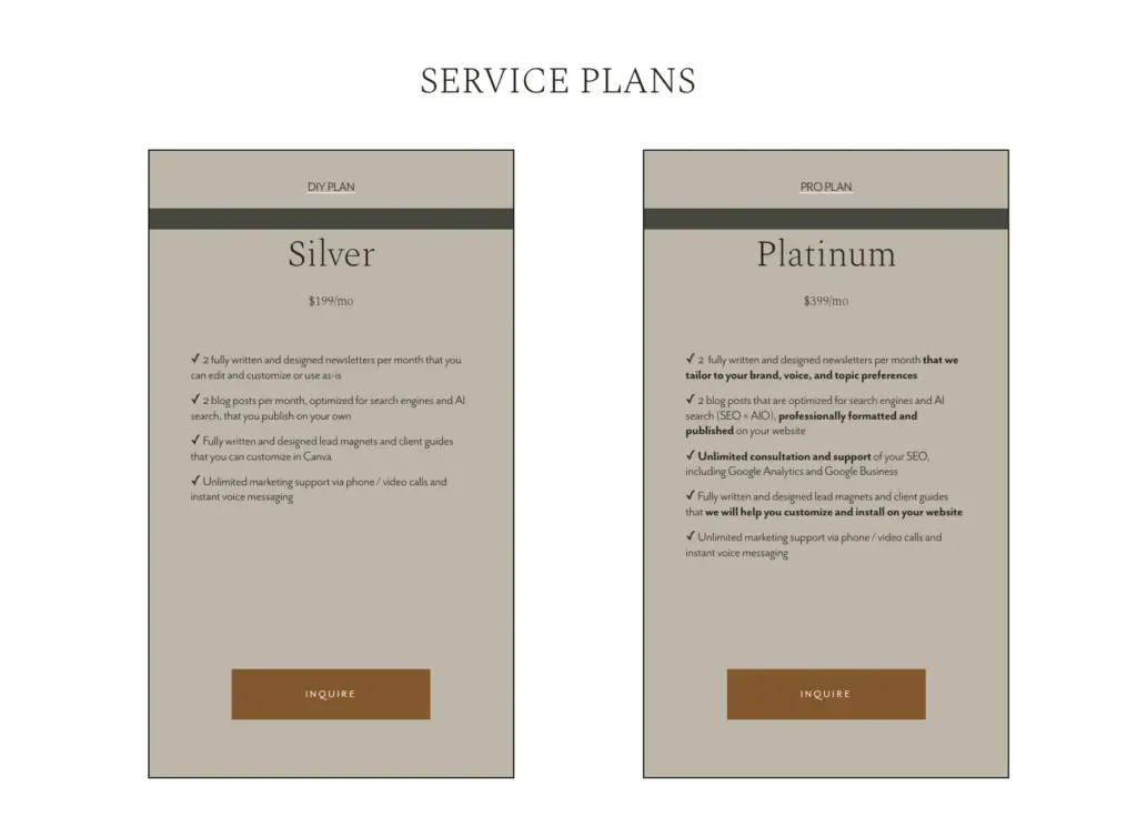 service plans squarespace example