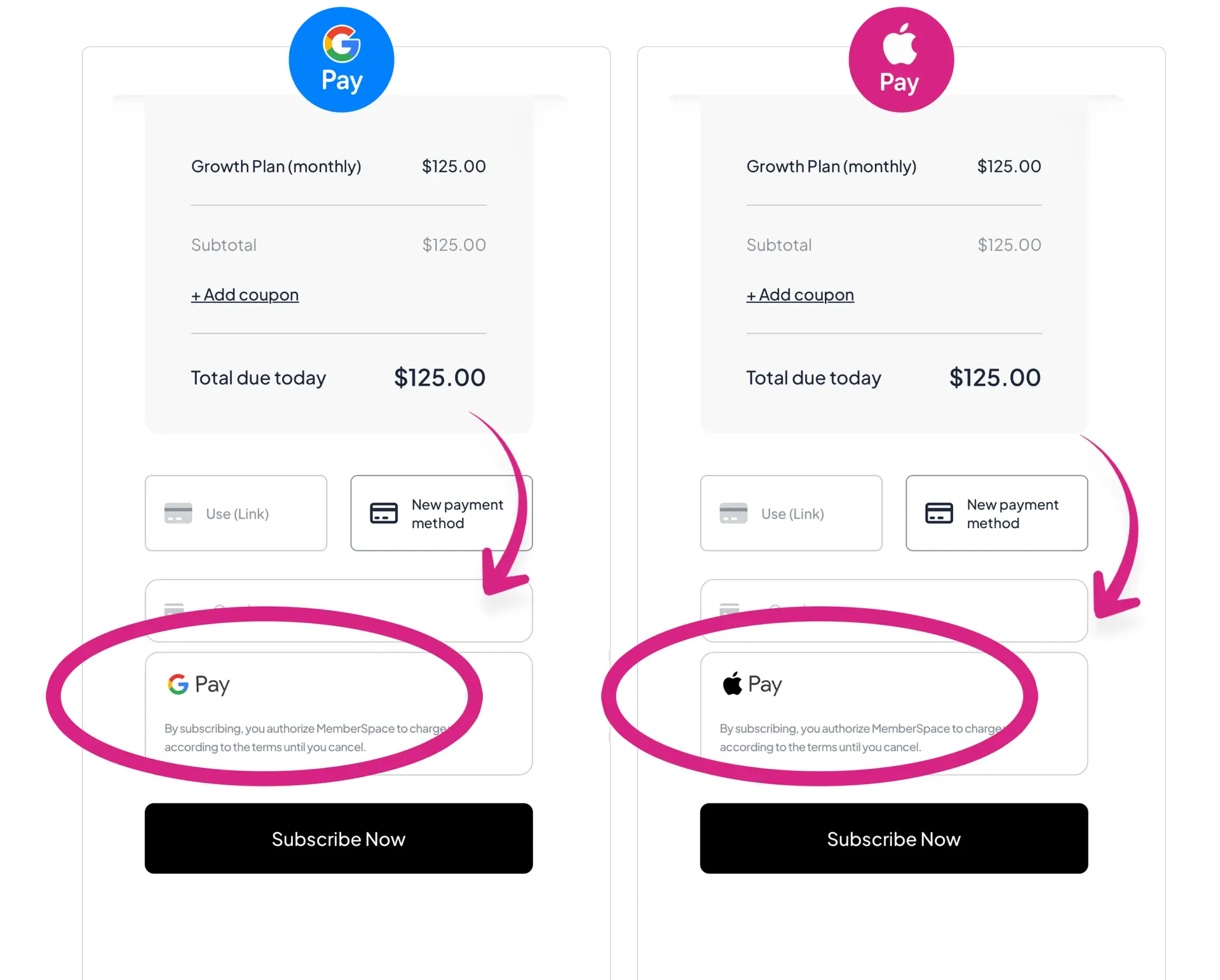 accept Google Pay and Apple Pay on squarespace memberships